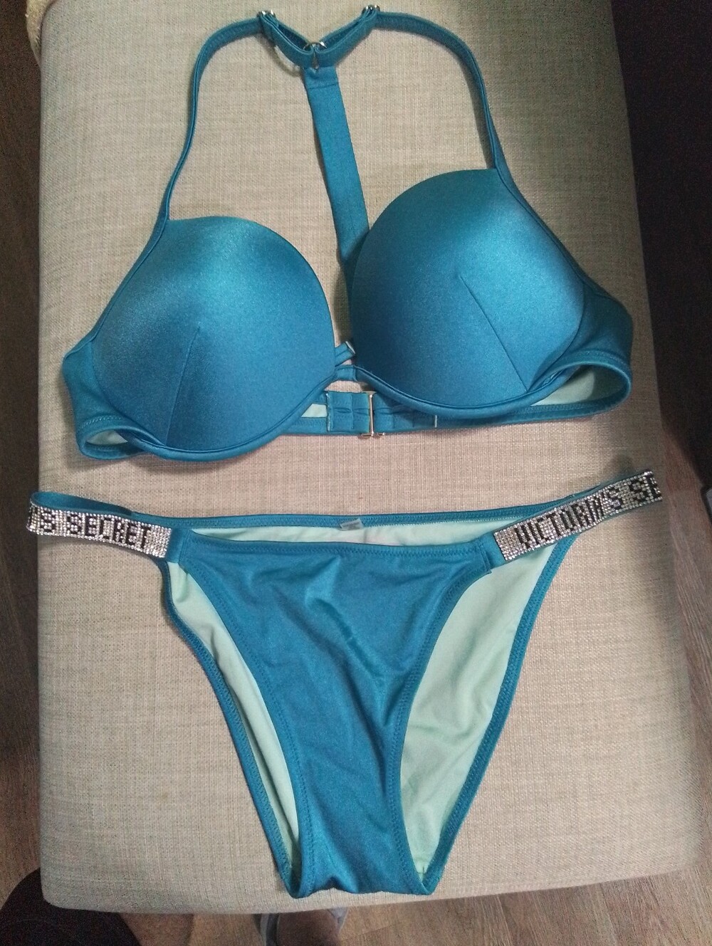 Vintage Victoria's Secret Shimmer Teal Push-Up T-Back Bikini